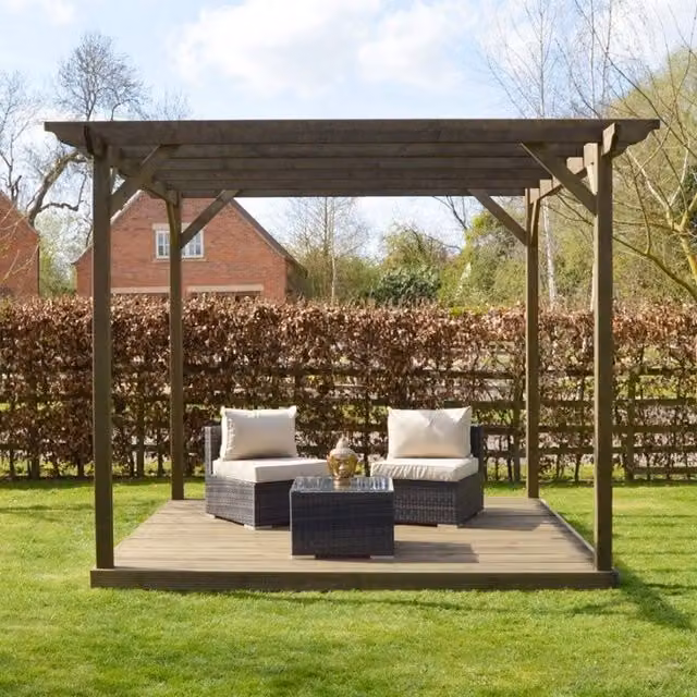 Rutland County Garden Furniture Ltd Pergola and Decking Kit in Rustic Brown, W: 240 cm, D: 240 cm, H: 270 cm