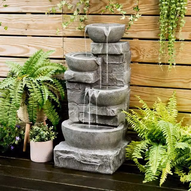 Teamson Home Grey Cascading Outdoor Water Feature with LED Lights and Stone Design