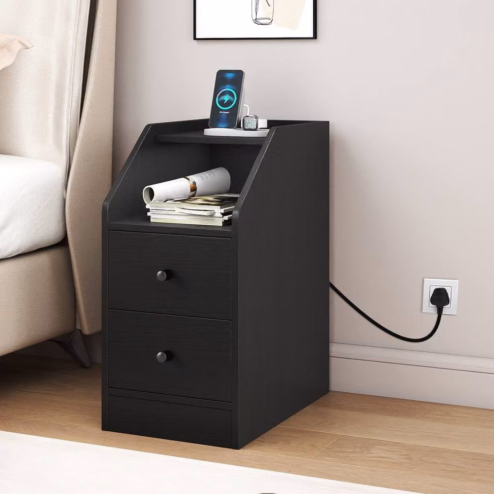 Gymax Black Side Table with Charging Station and Storage Drawers – 4