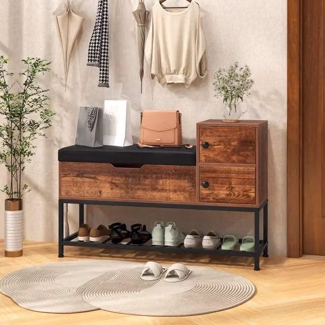 Costway Brown Entryway Shoe Bench with Integrated Shoe Rack