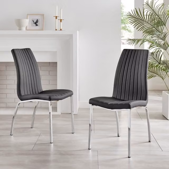 FurnitureboxUK Set of 2 Isco Deep Cushioned Soft Touch Faux Leather Dining Chairs with Silver Chrome Metal Legs in Black