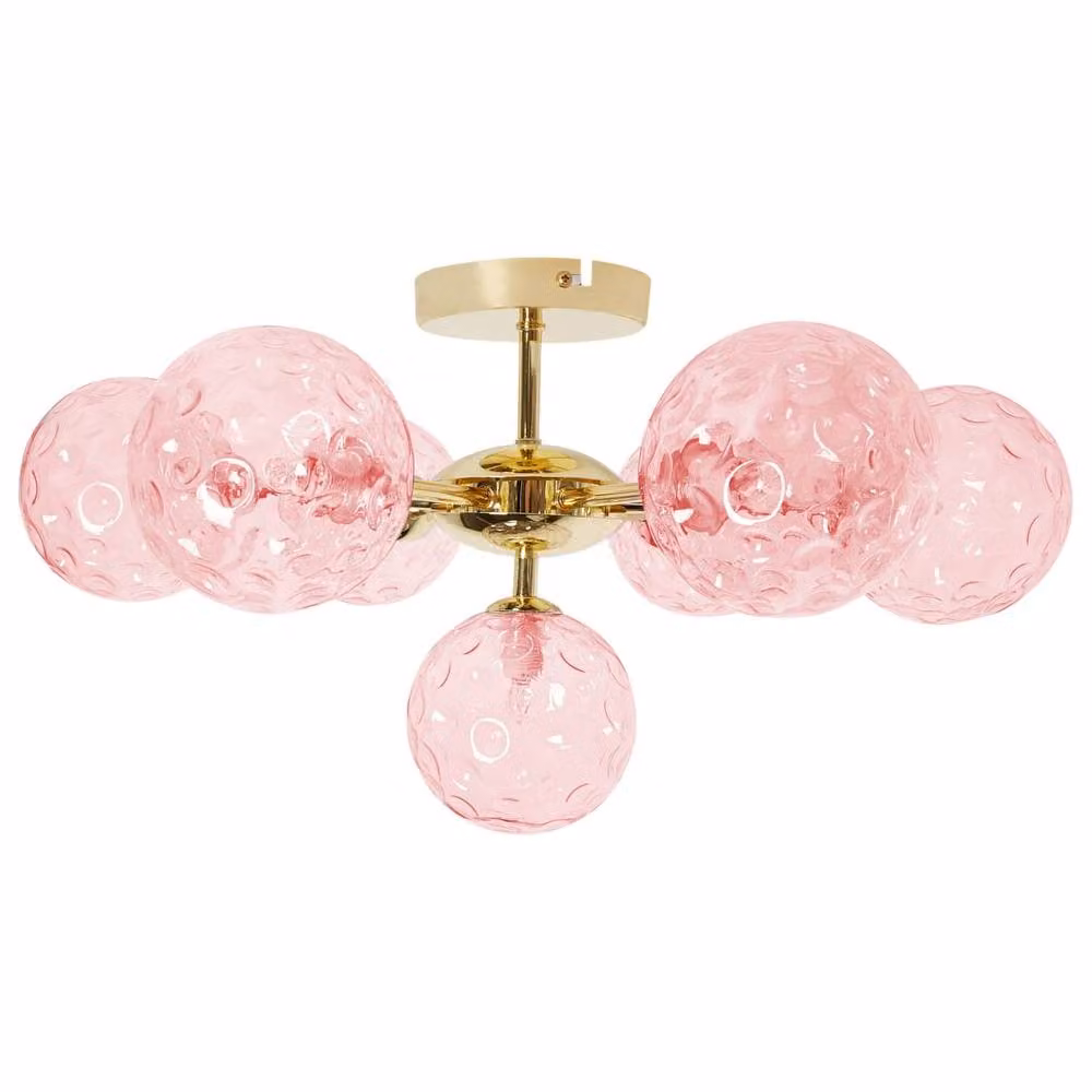 Wyld and Coco Seven-Light Modern Pink and Gold Glass and Metal Ceiling Light – 2