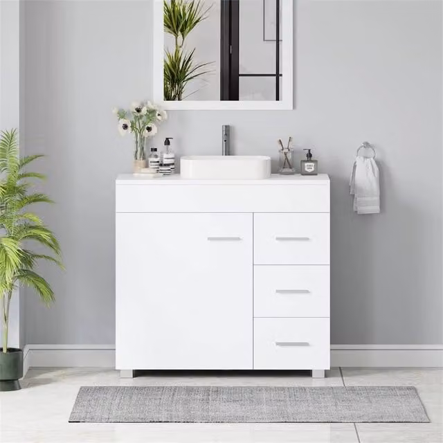 SPETLEK White Under Sink Bathroom Cabinet with Shelf and Matt MDF Finish