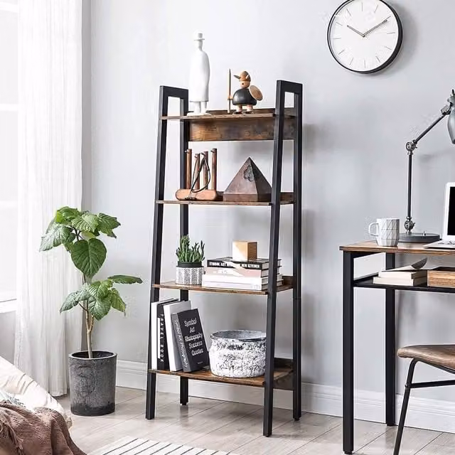 The Bazaarist 4-Tier Slim Ladder Shelf Bookcase, Freestanding Vertical Space-Saving Storage Unit in Rustic Brown and Black