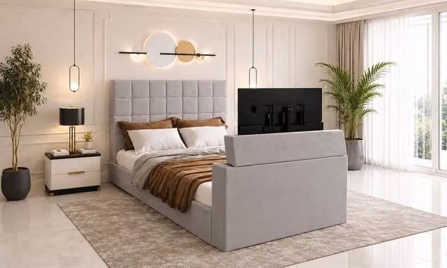 Geneva Bespoke Upholstered TV Bed Frame in Silver Grey Velvet Fabric