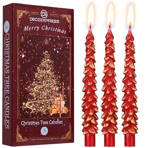 Deco Express Christmas Tree Dinner Candle Set in Red and Gold – 1
