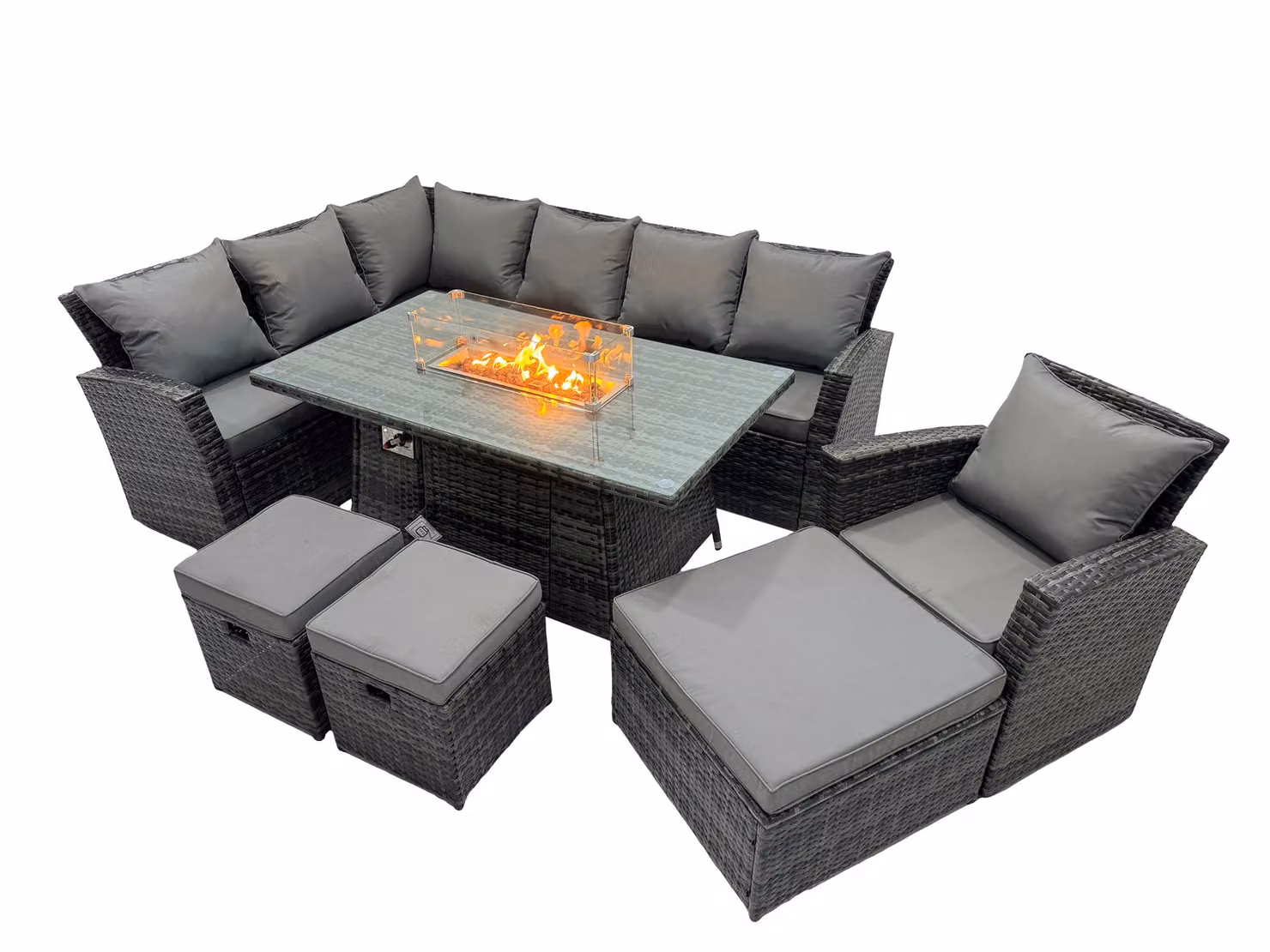 Fimous Rattan Outdoor Patio Gas Firepit Table Sofa Set with 3 Stools in Dark Grey – 2
