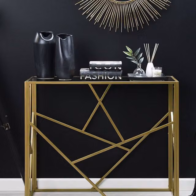 Wyld and Coco Glam Console Table with Gold Metal Frame and Clear Glass Top, W/D/H: 100 x 40 x 85 cm – 1