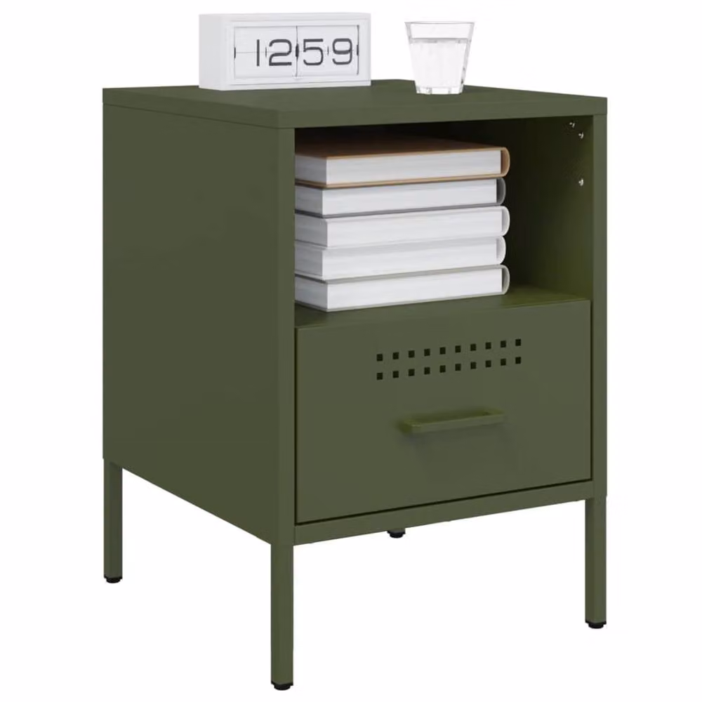 Berkfield Home Set of 2 Industrial Metal Bedside Cabinets in Matt Olive Green, W/D/H: 36 x 39 x 50.5 cm – 2