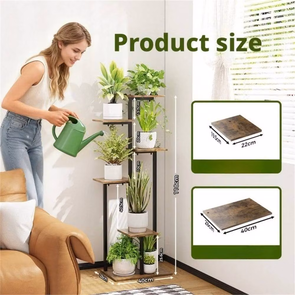 Nordara 6 Tier Vintage Wood and Metal Corner Plant Stand in Black – 2