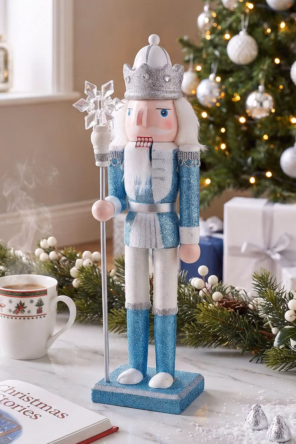 Living and Home Wooden Snowflake King Nutcracker Figurine Christmas Tabletop Decoration in Blue, Silver and White – 2