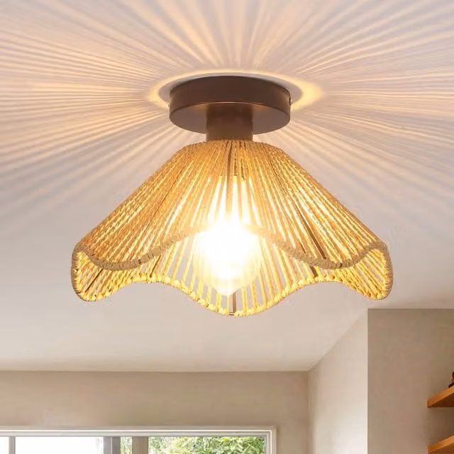 Garwarm Rattan Flush Mount Ceiling Light, Brown and Black, W/D/H: 19.5 x 19.5 x 30.5 cm