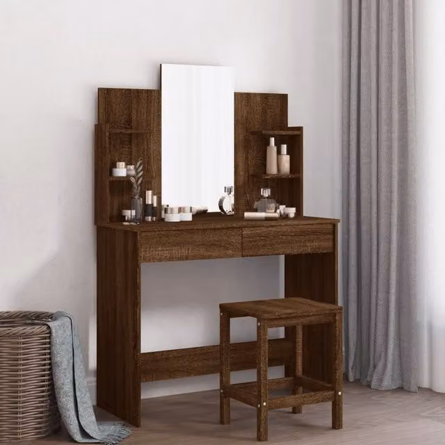 Berkfield Home Dressing Table with Mirror in Brown Oak, W/D/H: 96 x 39 x 142 cm – 1