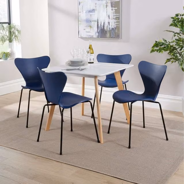 Home Source Trinity Square Dining Set with Table and 4 Penny Chairs in Blue, White and Black