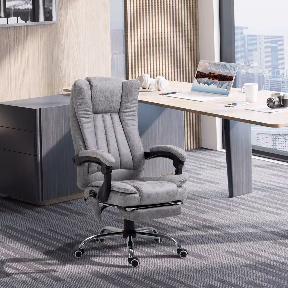 Rolipo Grey Microfibre Heated Massage Reclining Office Chair with Footrest and Headrest – 4