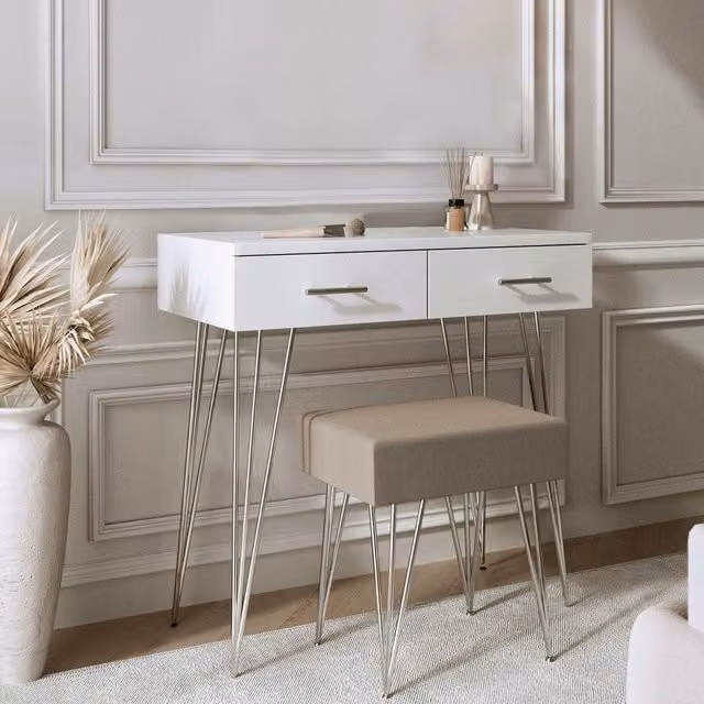 CARME Minimalist White Dressing Table with Silver Accents and Grey Velvet Stool