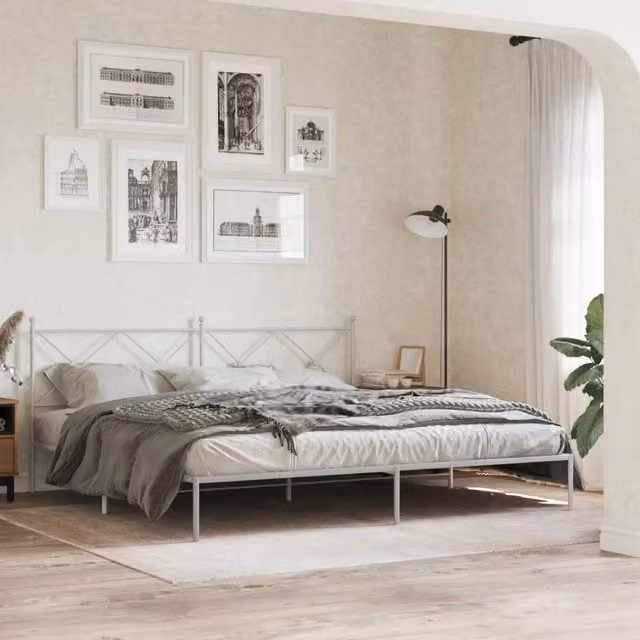 Berkfield Home Metal Bed Frame with Headboard, White, W/D/H: 193 x 203 cm – 1