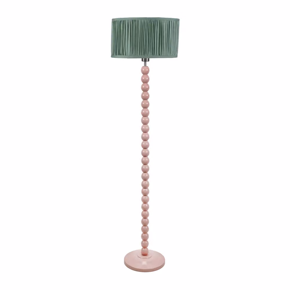 ValueLights Rose Pink Bobbin Wood Floor Lamp with Green Ruched Pleated Fabric Drum Shade and LED Bulb, H 145 x W 25 x D 25 cm – 2