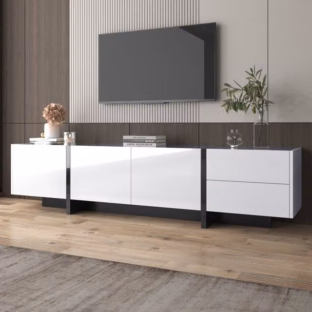 Aosom.UK High-Gloss Modern TV Cabinet with Doors and Drawers in Black and White, W/D/H: 190 x 35 x 45 cm