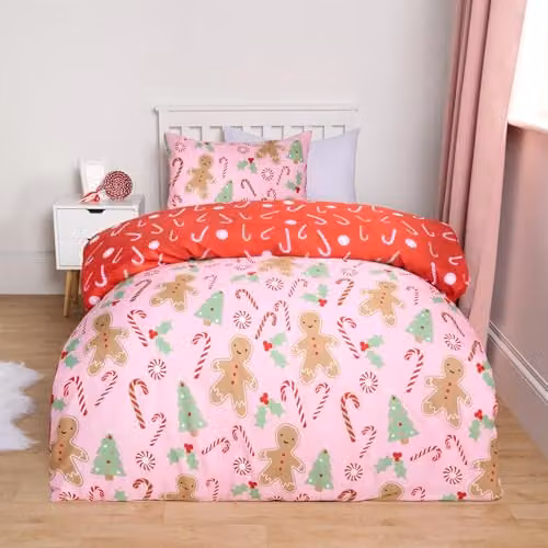 OHS Gingerbread Man Reversible Christmas Bedding Set in Pink and Red, Single Duvet Cover and Pillowcase, W/H: 135 x 200 cm, Pillowcase: 50 x 75 cm – 1