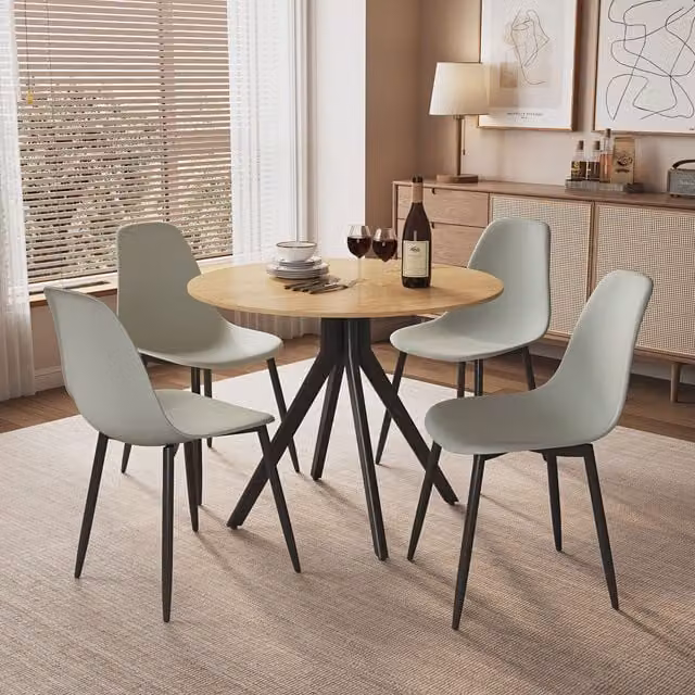 Aspen Light Oak Round Dining Table and 4 Grey Curve Chairs Set