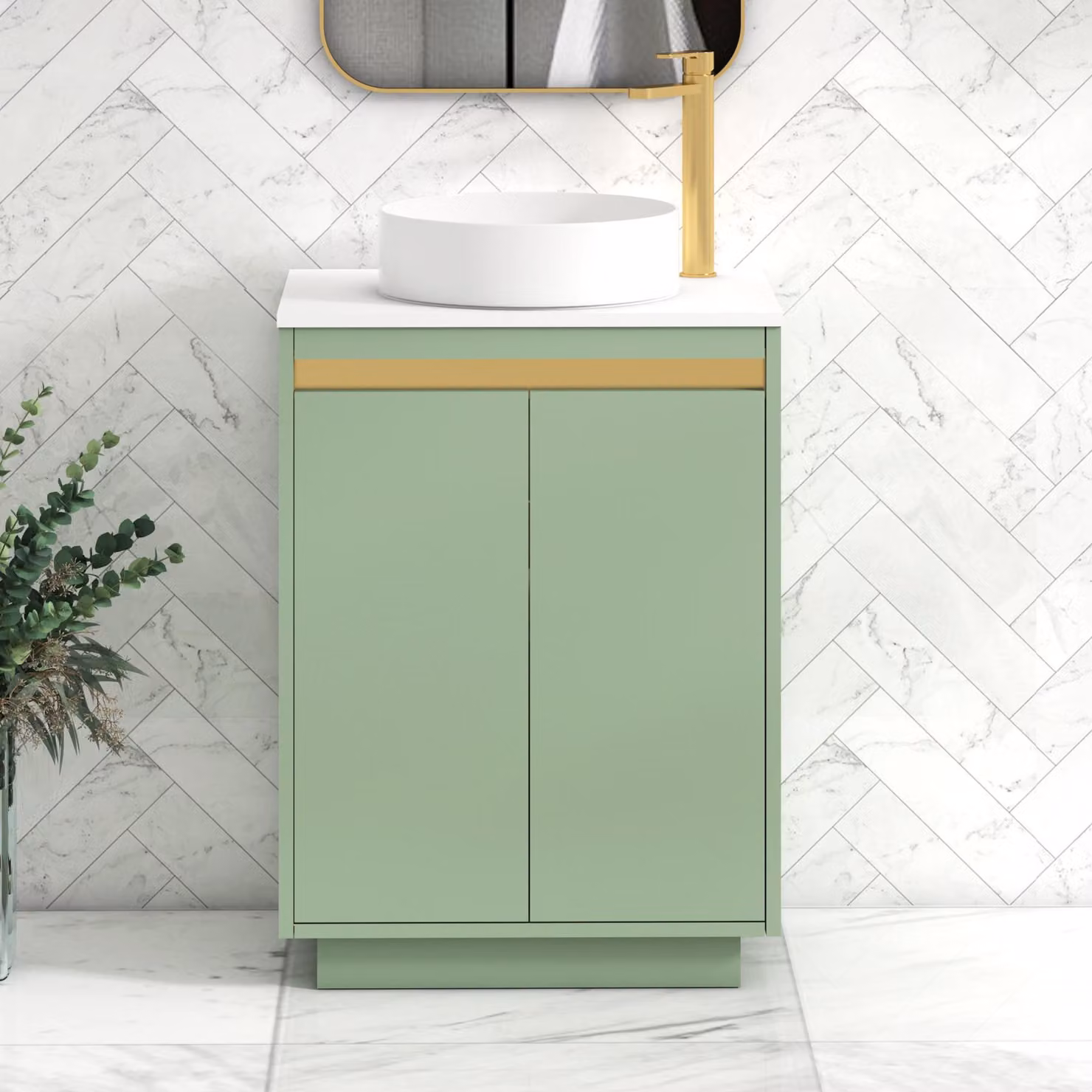 Royal Bathrooms Orion 2 Door Floor Standing Vanity Unit in Mint Sage with White Stone Countertop Basin and Brushed Brass Accents