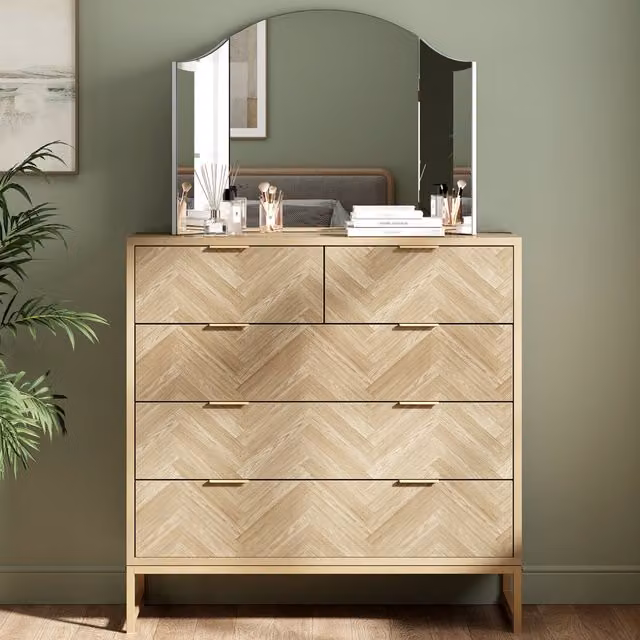 VonHaus Ducie 5 Drawer Herringbone Design Bedroom Chest of Drawers in Natural and Gold