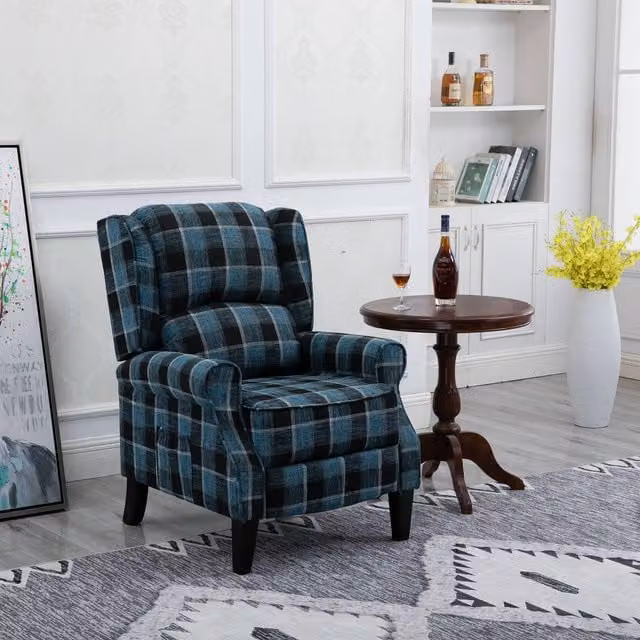 WestWood Vintage Blue Checked Fabric Tub Recliner Armchair – 1