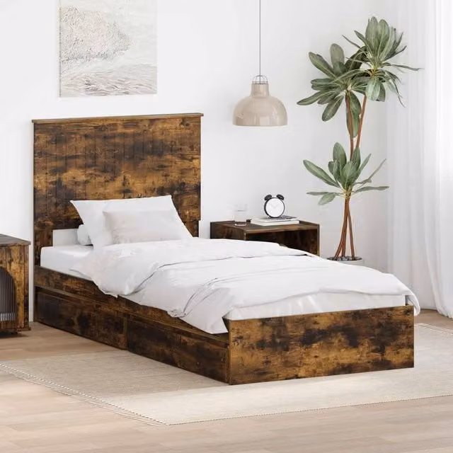 Berkfield Home Modern Storage Bed with Drawers in Smoked Oak Brown, W/D/H: 90 x 200 cm