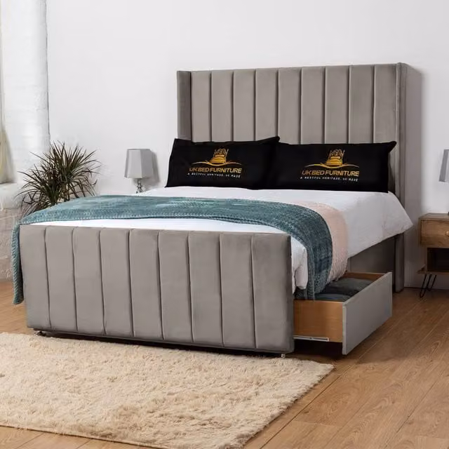 UK Bed Furniture Seoul Wingback Divan Bed with 54 Inch Headboard and 2 Drawers in Light Beige, Size: Super King (W/D/H: 200 x 200 cm)