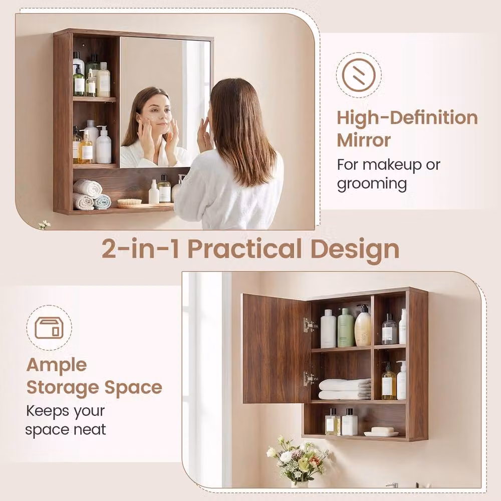Gymax Brown Wall Mounted Medicine Cabinet with Mirror and Internal Shelves – 2