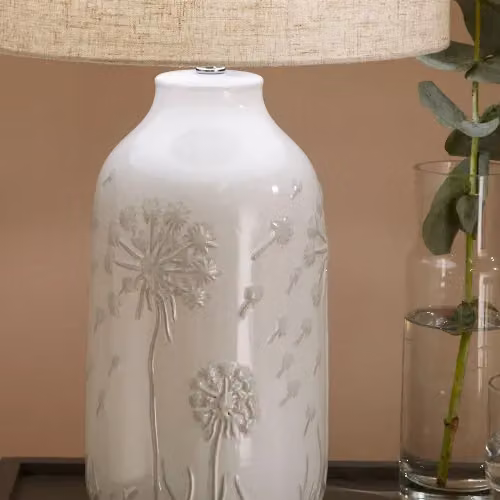 Ruma White Dandelion Embossed Ceramic Table Lamp with Fabric Shade – 2