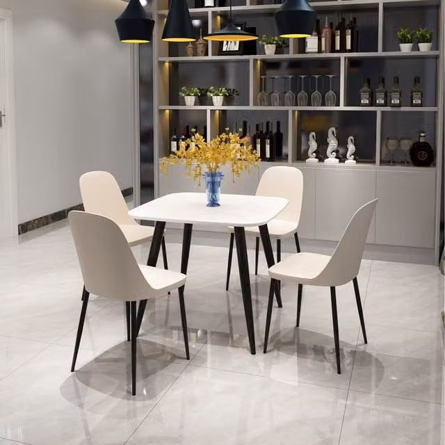 Core Products Ltd Modern Square White Lacquered Dining Table and 4 Black Plastic Chairs Set
