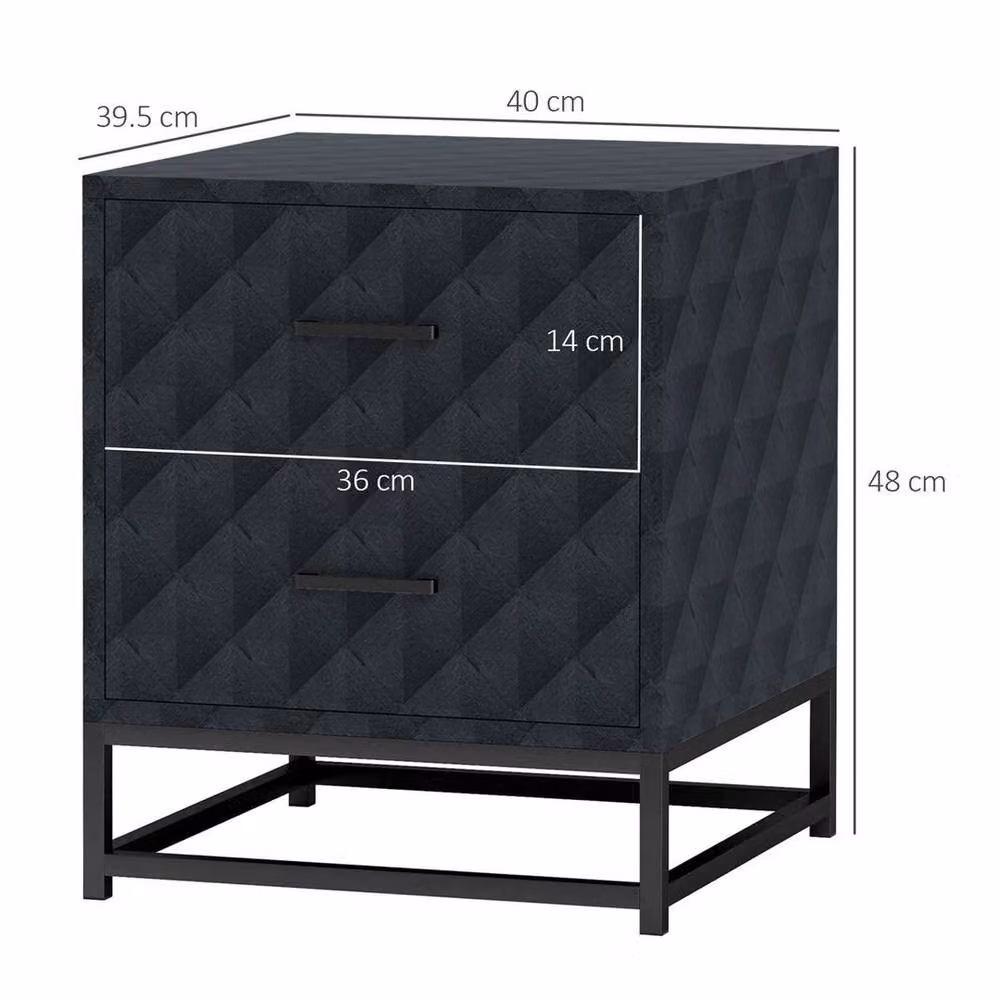 PAWNORA Pair of Modern Black 2 Drawer Bedside Tables with Geometric Metal Legs – 2