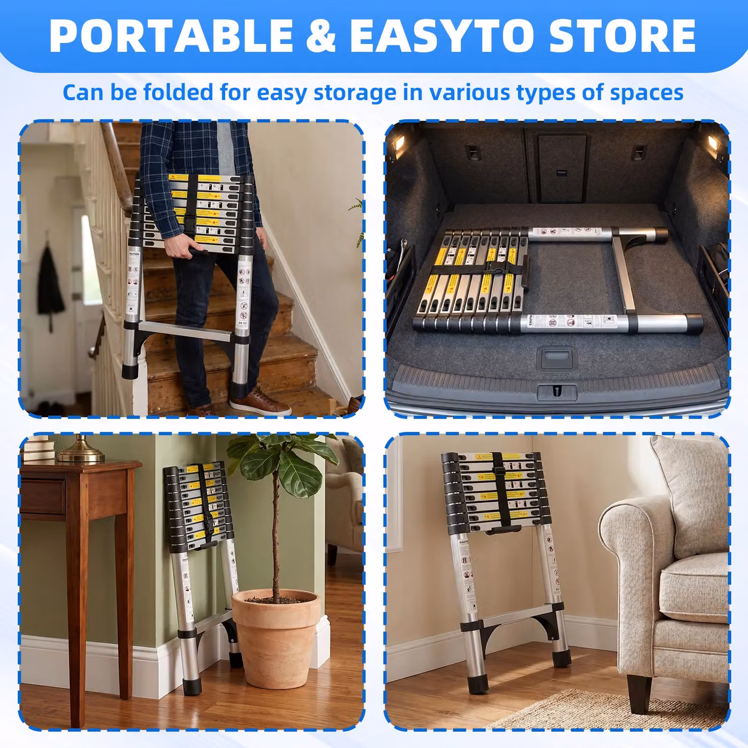 Alivio Heavy-Duty 3.2m Telescopic Extendable Collapsible Aluminium Ladder in Silver with 150kg Capacity – 4