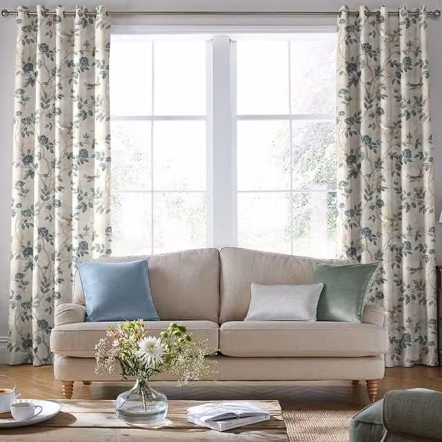 Laura Ashley Eglantine Made to Measure Blackout Eyelet Curtains in Seaspray Blue Multicolour Floral Fabric