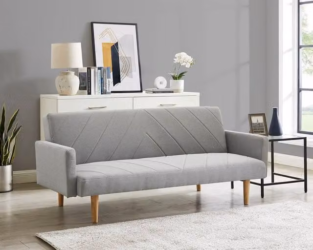 Home Detail Ryan Fabric Sofa Bed in Light Grey with V-Shaped Detail, Square Armrests and Wooden Legs – 1
