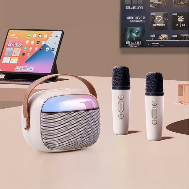 Komore White Karaoke Machine with Ambient Lights and Condenser Microphone