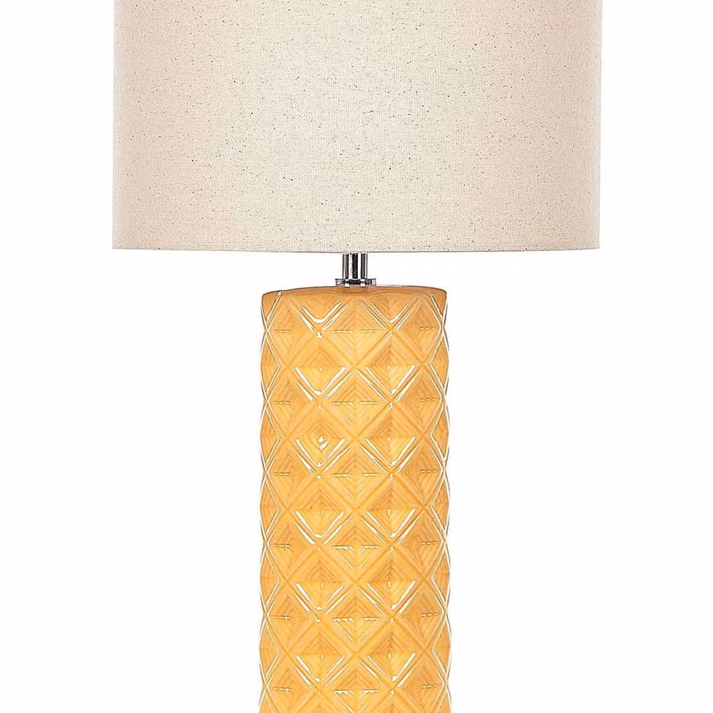 Wyld and Coco Table Lamp with Yellow Ceramic Geometric Base and Beige Fabric Drum Shade, Height: 49 cm – 2