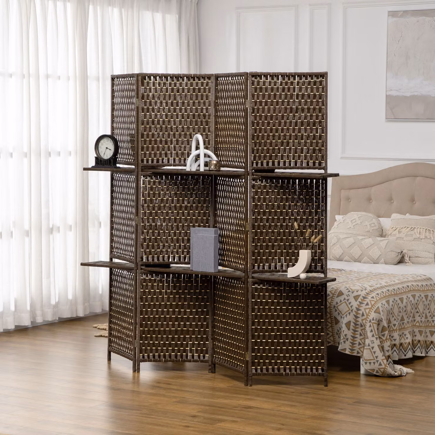 HOMCOM 4-Panel Wave Fibre Room Divider with Shelves, Freestanding Folding Privacy Screen in Brown – 2