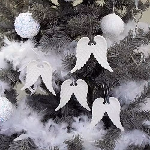 Melody Maison Set of 4 White Glitter Angel Wing Hanging Pendants, 12 cm