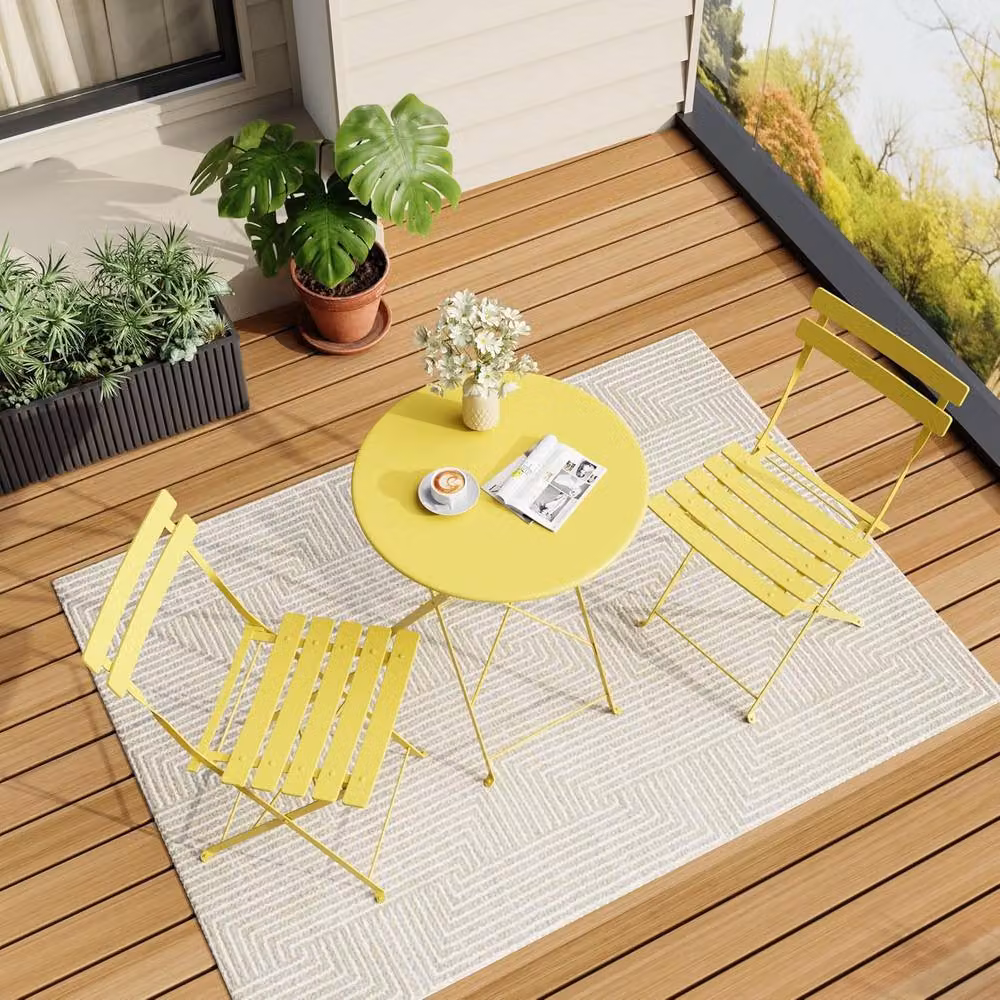 London Boutique 3-Piece Foldable Bistro Set with Table and 2 Chairs in Yellow Metal Garden Furniture – 3