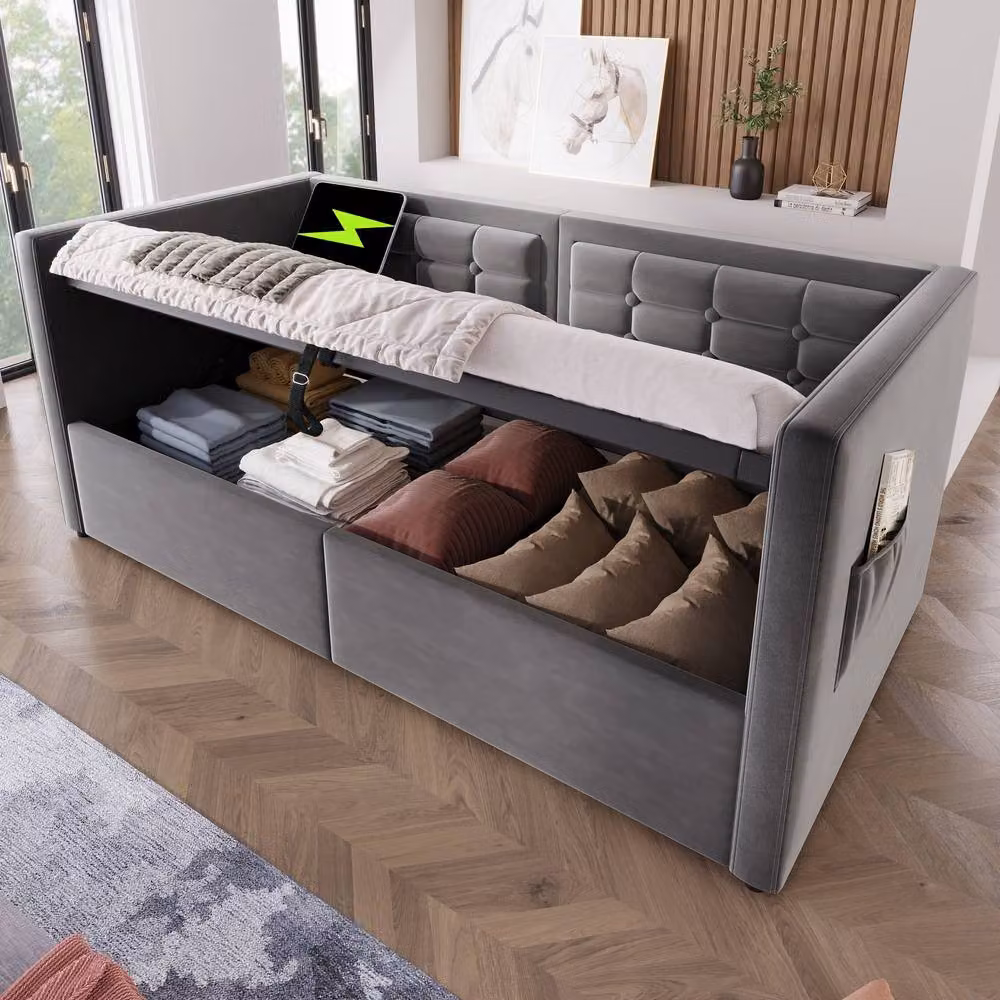 Matteo Grey Velvet Single Sofa Bed with USB Charging Port and Lift Up Base, W/D/H: 90 x 190 cm – 5