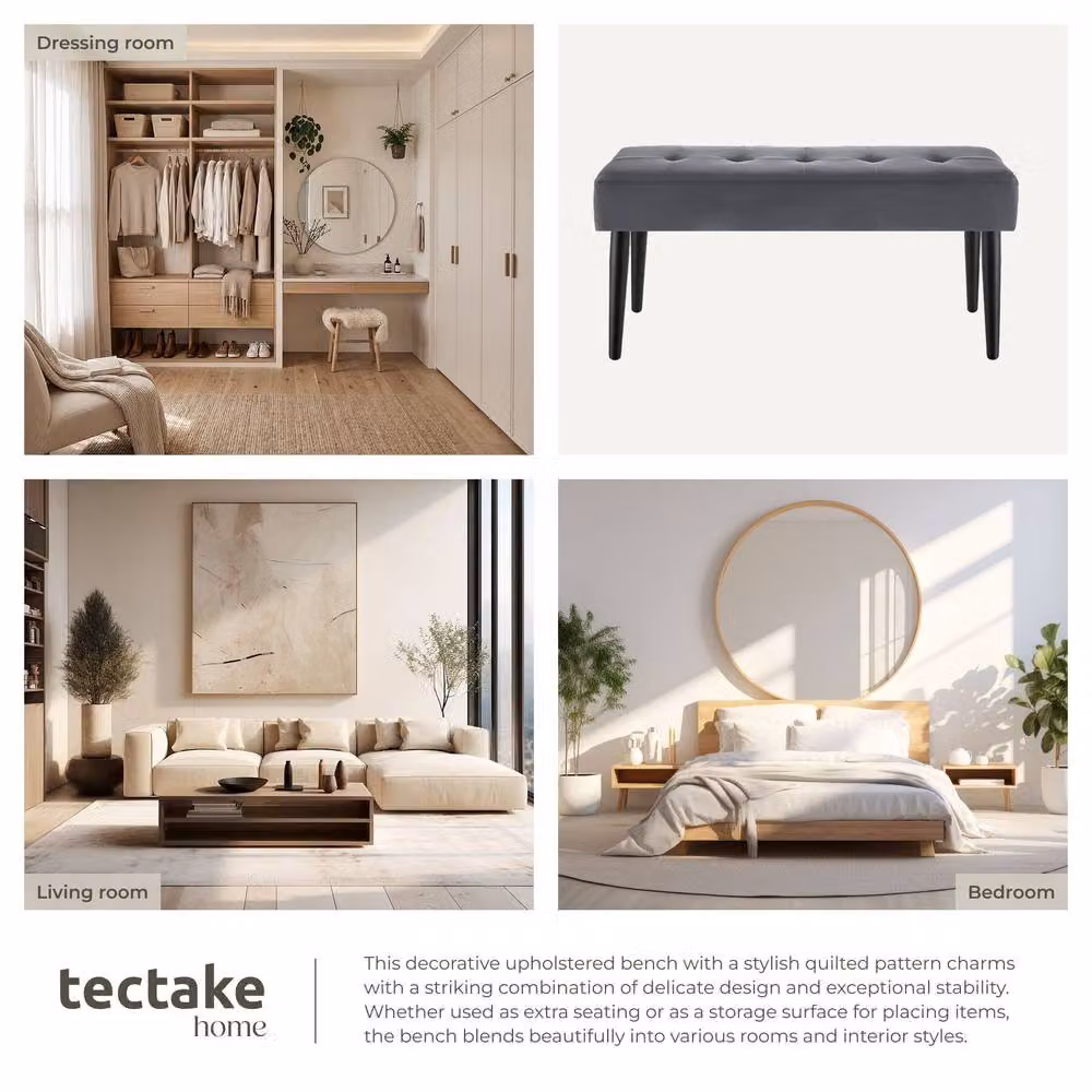 tectake Glora Upholstered Bench with Quilted Geometric Pattern in Grey Velvet – 5
