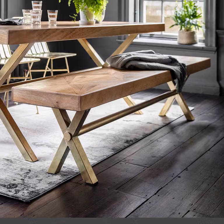 Atkin & Thyme Reeves Medium Bench in Brown and Gold Mango Wood and Metal