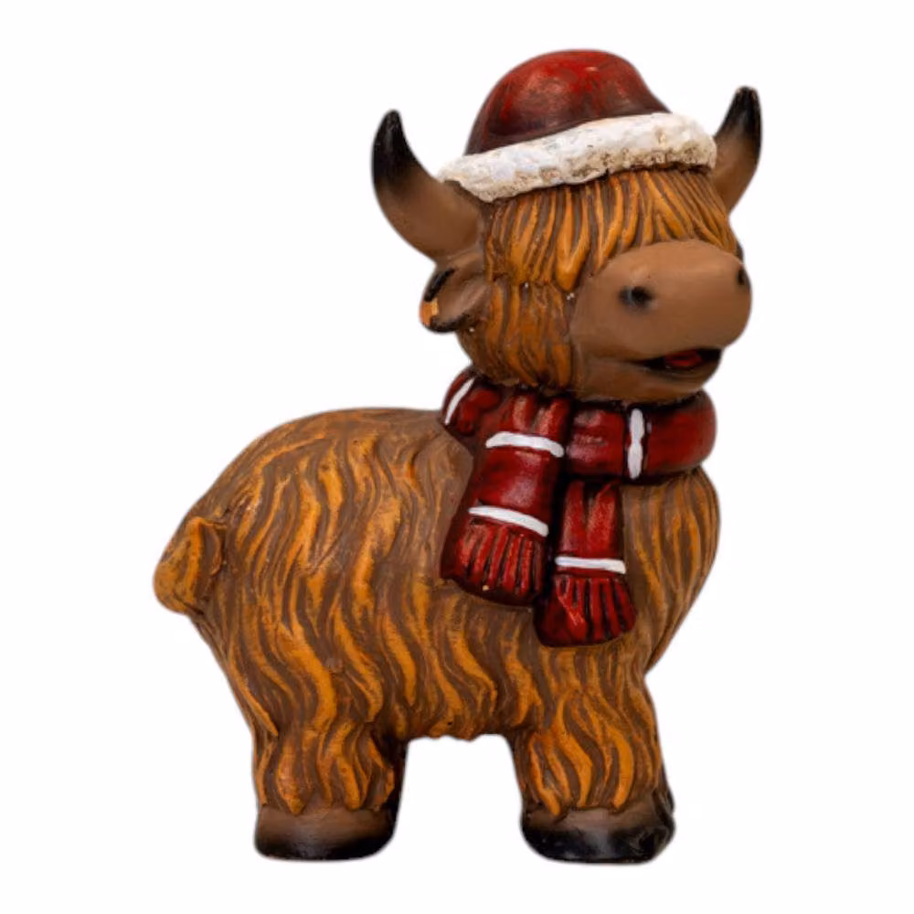 Four Candle Rustic Ceramic Highland Cow Christmas Figurine with Santa Hat in Brown, Red and White – 3