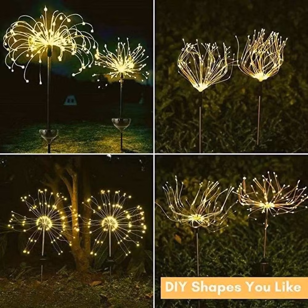 FLAVORA 8-Pack Solar Powered Firework Starburst Stake Lights with 90 LED Warm White Outdoor Garden Lamps – 3