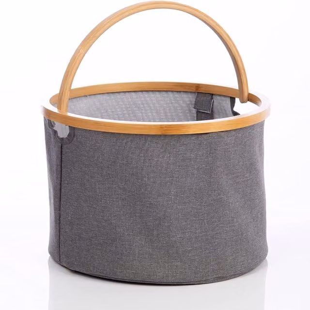 Homiu Round Bamboo and Heavy Cotton Laundry Basket with Handles, Grey