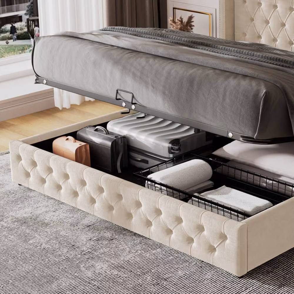 Rolipo Beige Velvet Upholstered Double Bed with Hydraulic Storage W: 135 cm, L: 190 cm – 4