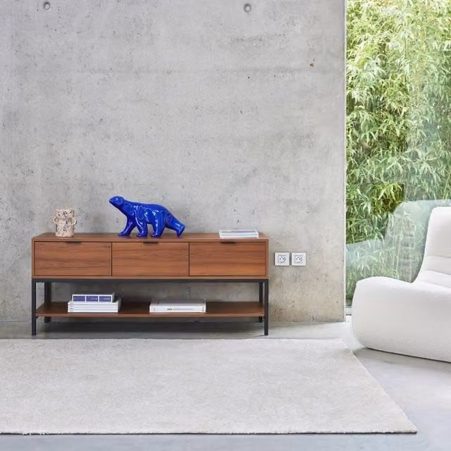 Sweekeet Walnut Wooden Effect TV Unit in Dark Brown with 3 Drawers, W: 130 cm, D: 40 cm, H: 53.5 cm